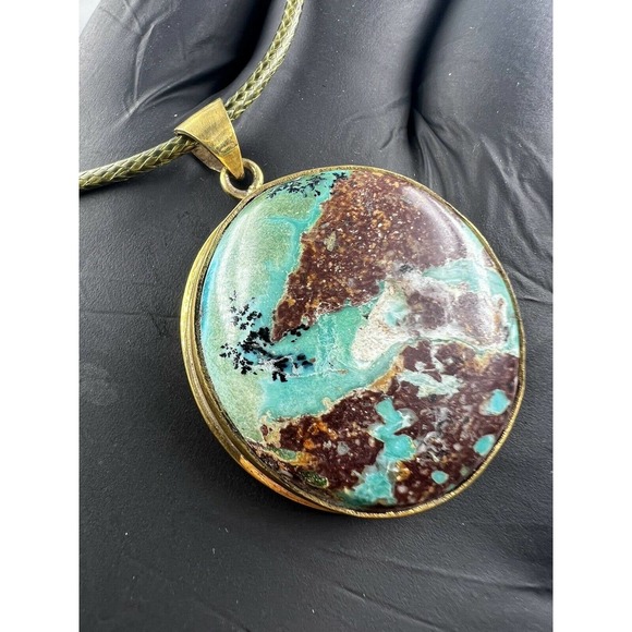 Natural Persian Turquoise Pendant Metal Brass Handmade With Rope - Picture 4 of 12